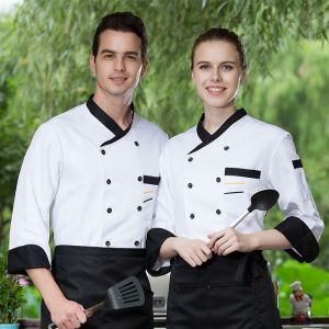 Chef Uniform Chef Overalls Mens and Womens Long-Sleeved Pure White Double-Breasted Back Kitchen Restaurant Baking Cake Pastry Chef Uniform