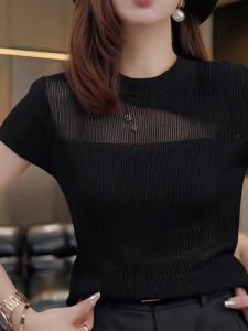 เสื้อยืดคอกลมแขนสั้นสีดำสไตล์เกาหลี ดีไซน์เก๋ไก๋ แฟชั่นฤดูร้อน สำหรับผู้หญิง ทรงสลิมฟิต ผ้าถักแบบมีรู