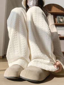 NIANDAIJINGDIAN | Pink Fleece Wide Leg Pants for Women Autumn Winter High Waist Drapey Slimming Casual Straight Leg