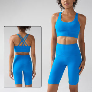 Bộ Đồ Tập Thể Thao Nữ 2 Mảnh Gồm Áo Bra Lưng Chéo & Quần Short Cạp Cao Chất Liệu Thun Nylon Spandex Thích Hợp Cho Yoga Gym Chạy Bộ Tập Luyện.