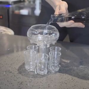 Dispenser Kaca 6 Gelas Transparan & Rak Minuman untuk Pesta