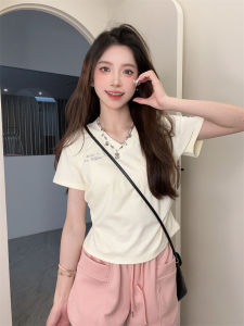 Áo Thun Nữ Tay Ngắn Cổ Chữ V Thêu Màu Sắc Ôm Vừa Vặn Mùa Hè 2024 Áo Thun Cotton Thường Ngày Phong Cách Hàn Quốc