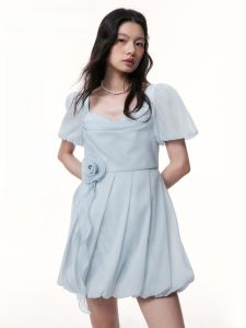 TAMMY TANGS | Dreamy Blue Flower Bud Princess Dress Short Sleeve Organza Summer New Arrival Womens Dress City Commute Work Date Party