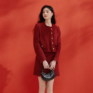 XIANGYING | Red Elegance Spring Jacket Round Neck Long Sleeves Short