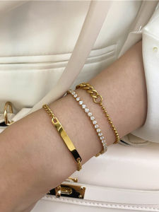 Elegant Titanium Steel 18K Gold Plated Diamond Embedded Chain Bracelet Womens Fashionable Jewelry Accessory Color Retention