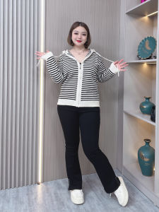 Color Block Striped Hooded Knitted Open Cardigan Womens Autumn Winter New Large Size Loose Design Long Sleeve Sweater Jacket