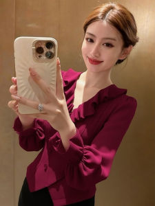 QFN | Red V-neck Ruffled Niche Comfortable Work Shirt