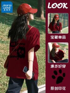 Jeanswest Womens Wine Red Short Sleeve T-Shirt Pure Cotton Summer Casual Top Street Style Creative Print Loose Fit round Neck