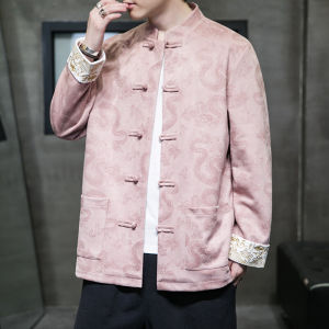 New Chinese Style Mens Jacket Embroidered Deer Skin Velvet Tang Costume Outerwear Button up Top Coat Youth Fashion Autumn Winter