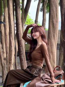 Justcc Womens Slim Fit U-Neck Long Sleeve T-Shirt Base Layer Shirt Inner Wear Versatile Top Early Autumn Fashion Cotton Polyester Blend