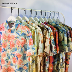 Hong Kong Style Retro Oil Painting Floral Shirt Men and Women Short Sleeve Trendy Stylish Niche Style Couple Hawaii Shirt Coat