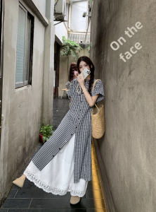 Contrast Color Plaid Shirt Dress for Women New Summer Style Loose Fit Vintage Artistic Long Dress Trendy Fashion