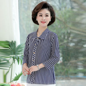 Áo Sơ Mi Lụa Băng Dài Tay Mùa Hè Cho Mẹ Áo Chui Đầu Cổ Polo Dáng Rộng Thường Ngày Có Nút Cài Áo Sơ Mi Nữ Trung Niên