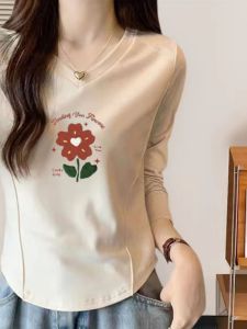 Áo Thun Nữ Tay Dài Cổ Chữ V in Họa Tiết Dáng Ôm Mùa Thu Phong Cách Retro Mỹ Ngắn Gọn Cỡ Nhỏ