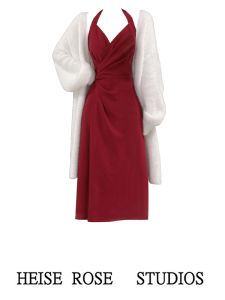 Red Vintage Knitted Dress Neck Hanging Womens Autumn Winter Two-Piece Set High Waist A-Line Skirt Short Sleeve V-Neck Dress