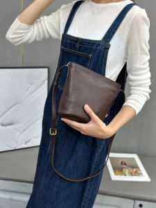SHUCAI | Vegetable Tanned Cowhide Retro Women Bucket Bag Luxury Designer Genuine Leather Female Casual Shoulder Crossbody Small Bag 2026