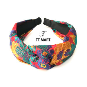 Artistic Colorful Changing Bright Thread Embroidered Flower Hairband Wide Knot Headband Fashionable Korean Style Hair Accessories