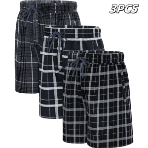 3pcs Mens Pajama Pants Woven 100% Cotton Classic Plaid Shorts Sleepwear Casual  Comfortable with Button and Drawstring Pockets