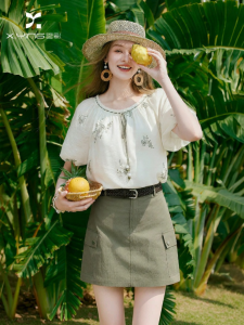 XIANGYING | Vintage Embroidery Floral Chiffon Blouse Women