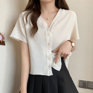 Short Sleeve Summer Shirt for Women Large Size Hemp Blend V-Neck Design Slimming White Casual Work Clothing