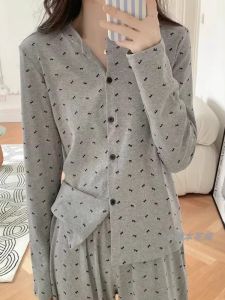 Spring Autumn Japanese Style New Simple Sweet Long Sleeve Sleepwear Womens Korean Version Pure Color Butterfly Knot Loose Home Clothes Set