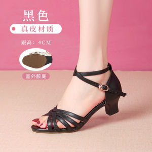 White Leather Latin Dance Shoes Sandals Womens Square Dancing Shoes Medium Heel Soft Bottom Dancing Shoes New Summer Model