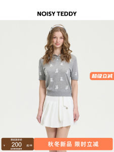 Fashionable Short Sleeve Polo Neck Knitted Bear Print Top for Women by Noisy Teddy Summer 2025 Polyester Rayon Nylon Blend