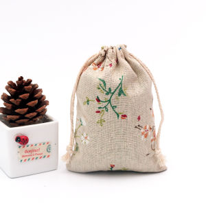 50Pcs 10x14cm Linen Printed Cotton Gift Bags Natural Burlap Jewelry Travel Storage Pouch Candy Jute Packing Bags Baby Shower