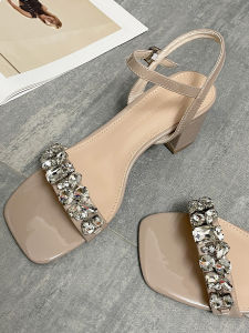 รองเท้าแตะส้นกลางสายเดี่ยวสีเปลือกสำหรับผู้หญิง ทรงหัวเหลี่ยม ดีไซน์เรียบง่าย สไตล์เกาหลี รองเท้าส้นสูงแบบสวมสบาย