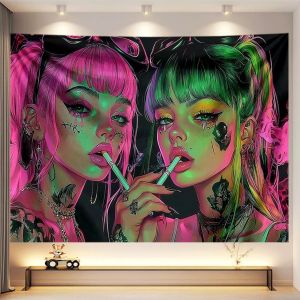 VIKAMA Cyberpunk Neon Dual Nữ Nhân Vật Chính Tấm Thảm Polyester Nghệ Thuật Treo Tường Cho Ghế Sofa Phòng Khách Phông Nền Trang Trí Phòng Ngủ