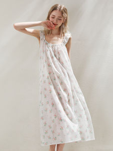 XEXZ | ชุดนอนคอตตอนคอกลมแขนกุดพิมพ์ลายดอกไม้สไตล์ฝรั่งเศส กระโปรงยาวคลุมเข่า ชุดนอนผู้หญิงฤดูร้อน ชุดนอนผ้าฝ้ายแท้