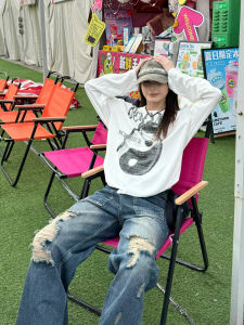 เสื้อยืดแขนยาวสไตล์ย้อนยุคแบบอเมริกันสำหรับผู้หญิงในฤดูใบไม้ร่วง พิมพ์ลายไทเก้าสี่ ระบายอากาศได้ดี บางเฉียบ ใส่สบาย แฟชั่น