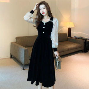 ชุดเดรสยาวผ้ากำมะหยี่สีดำสไตล์ฝรั่งเศส เดรสยาวคลุมเข่าทรงเอเอวสูง แขนยาว ทรงหลวม ทรงเข้ารูป ชุดสองชิ้นปลอม