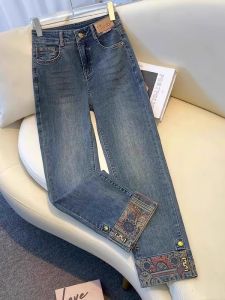 Retro New Chinese Style Straight Leg Denim Jeans Womens Spring Summer 2025 New Patchwork Nine Point Embroidery National Style Cigarette Pants