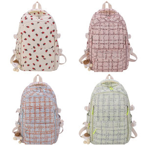 Women Kawaii Casual Backpack with Pendant Corduroy Simple School Backpack Multi-Pockets Students Daily Backpack