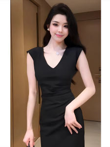 French Chic V-neck Short Sleeve Dress Womens Summer New High Waist Slimming Black Wrap around Long Skirt Commute Style Pleated