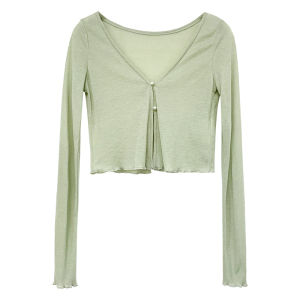 Spring Autumn Green Long Sleeve Thin Knitted Dress Outerwear Small Cover up Womens Fashion V Neck Loose Fit Polyester Blend