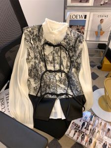 New Chinese Style Watercolor Button Vest Shirt Womens Autumn Vintage National Style Unique Top Super Beautiful Set