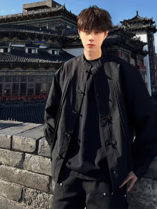 New Chinese Style Mens Shirt Tang Costume Long Sleeve Stand Collar Button Casual Outerwear Polyester Fiber Autumn Season