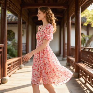 Floral Color Bubble Sleeves Bead Decorated Square Collar Dress