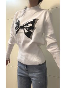 Áo Len Dệt Kim Cổ Bẻ in Họa Tiết Thắt Nút Bướm Dáng Ôm Mùa Xuân Mới Cho Nữ Chất Liệu Cotton Pha Trộn Thường Ngày