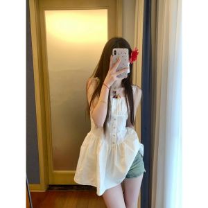 French Initial White Slim Fit Strap Dress Womens Waist Cinching Holiday A-Line Short Skirt Summer High Waist Button Detail