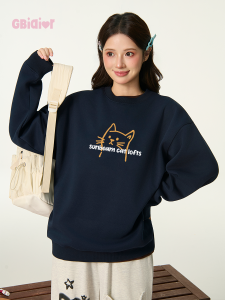 Gbiaior | Stylish American Streetwear Cat Print Round Neck Loose Black Womens Sweatshirt