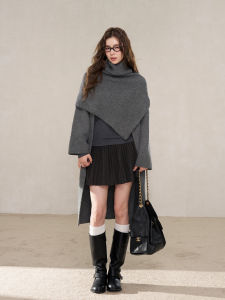 YIKEXIAOYEMEI | Áo Khoác Tweed Xám Trung Dài cho Phụ Nữ Mùa Đông