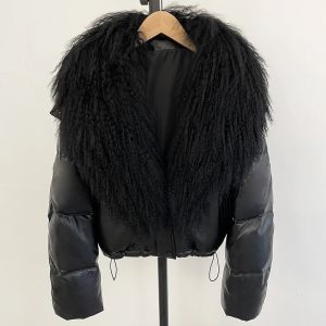 Áo Khoác Phao Nữ Ngắn Chất Liệu Giả Da PU Cổ Lông Cừu Lông Vũ Trắng Kiểu Dáng Công Sở Mùa Thu Đông Ấm Áp