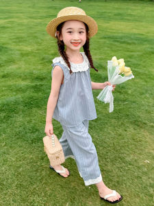 Bộ Đồ Hai Mảnh Không Tay Mùa Hè Cho Bé Gái Quần Ống Rộng Cổ Viền Thời Trang Bộ Đồ Trẻ Em Phong Cách Mới Cho Bé Gái