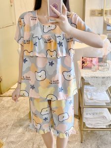 Ultra-Thin Cotton Silk Sleepwear Short Sleeve Home Clothes Set for Women Summer Anti-Bulge Design Sweet Style Five-Piece Pants