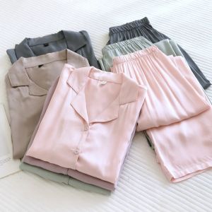 Mens and Womens Cotton Silk Pajamas Thin Satin Loungewear Long-sleeved Trousers Spring Pajama Set Solid Color