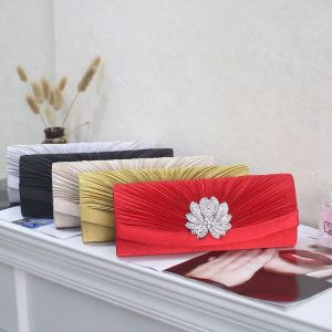 Fashion Satin Diamond Flower Silvery Clutch Bag Women Red Banquet Bag Shoulder Bag Evening Party  Wedding Handbag Chain Black Crossbody Bag
