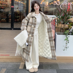 Womens Thickened Winter Coat 2025 New Style Plaid Woolen Jacket Inner down Polyester Fiber Retro Commute Long Sleeve Coat